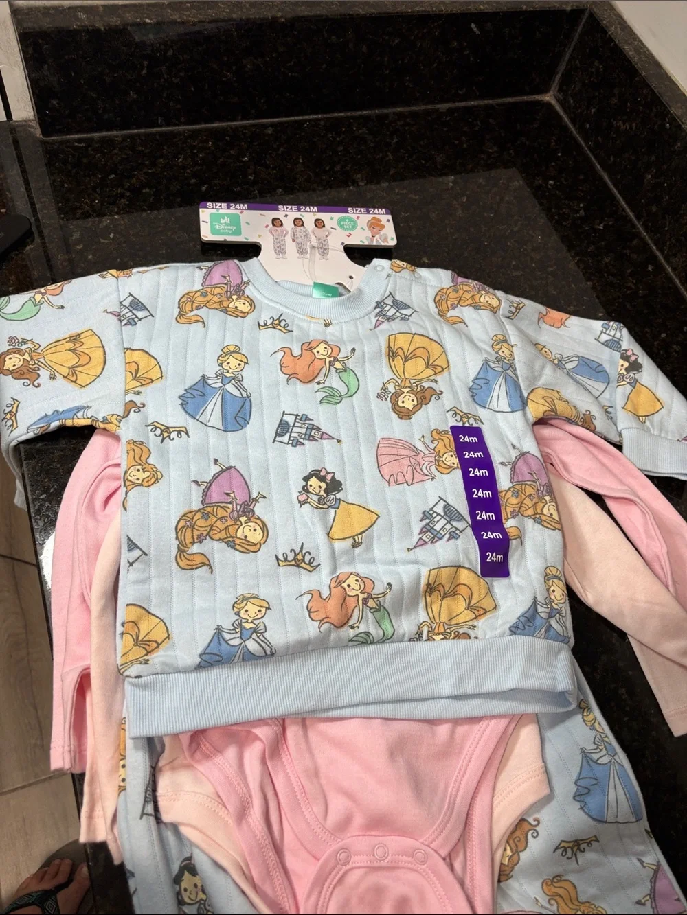 DISNEY Baby NWT 4-piece set, crew sweatshirt, matching pants, 2 bodysuits